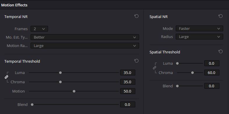 Temporal and spatial noise reduction settings in DVR