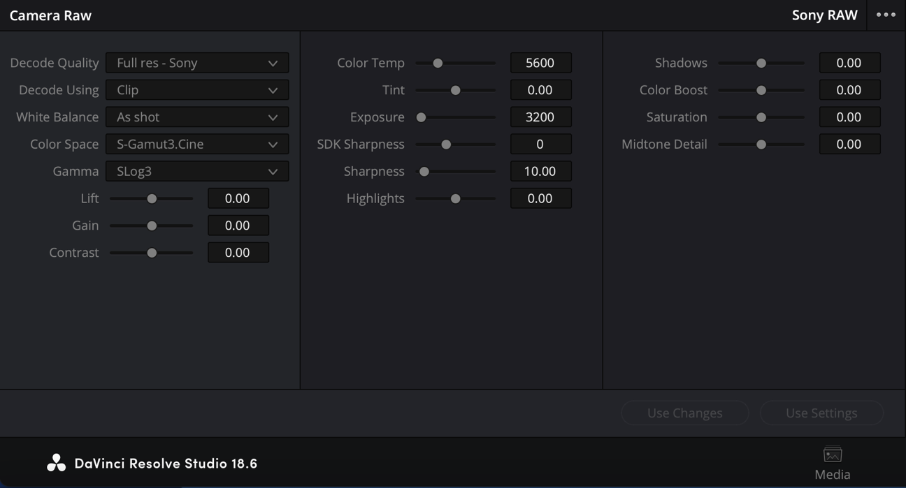 Sony RAW settings in DaVinci Resolve 18.6.6